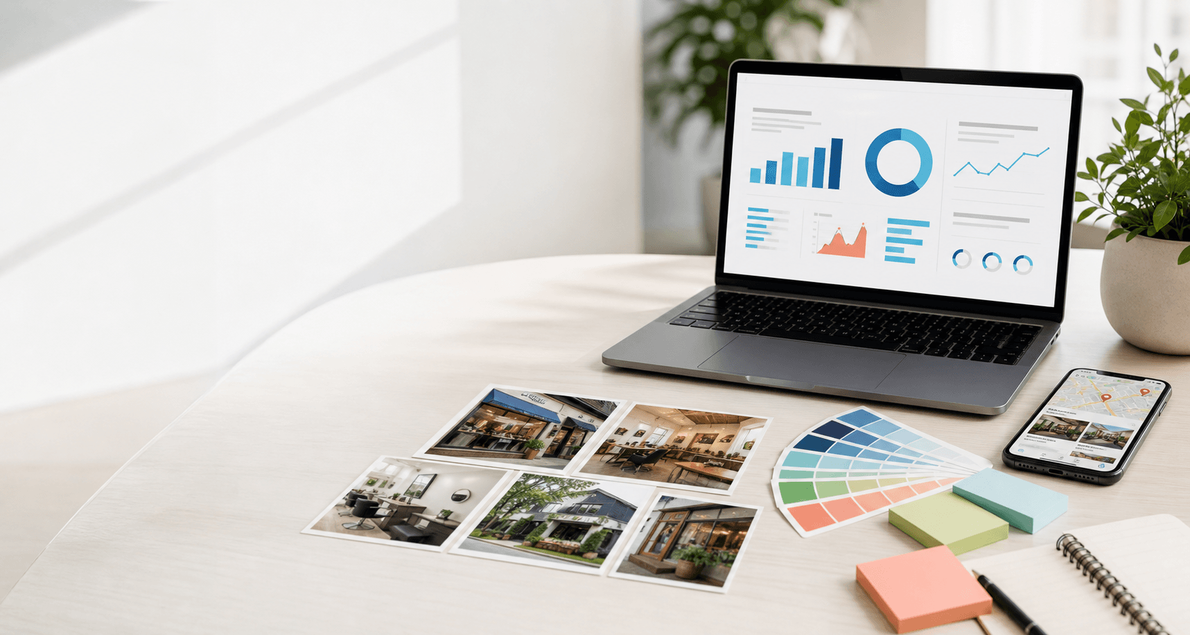 Digital marketing planning workspace with laptop, mobile search, and brand strategy materials